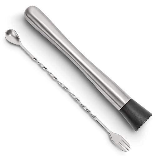 Book Cover Hiware 10 Inch Stainless Steel Cocktail Muddler and Mixing Spoon Home Bar Tool Set - Create Delicious Mojitos and Other Fruit Based Drinks