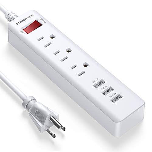 Book Cover Poweradd 3-Outlet Power Strip 5-Foot Heavy Duty Extension Cord with 3 USB Charging Ports, White