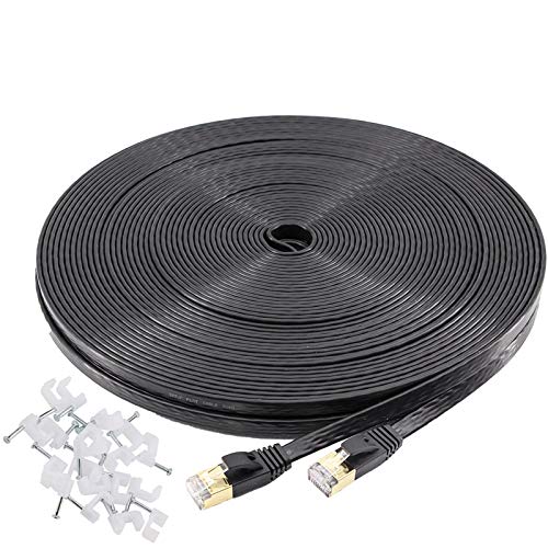 Book Cover Jadaol Cat 7 Ethernet Cable 100 ft SSTP Shielded Flat, Durable High Speed Internet LAN Computer Patch Cord, Faster Than Cat5e/cat6, Solid Rj45 Cat7 Network Wire for Router, Modem, Xbox, PS, TV- Black