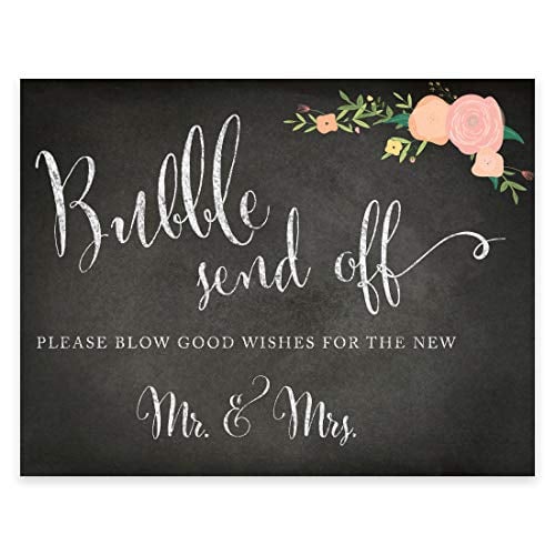 Book Cover Andaz Press Wedding Party Signs, Chalkboard Pink Coral Floral Roses Print, 8.5x11-inch, Bubble Send Off Please Blow Good Wishes for the New Mr. & Mrs. Sign, 1-Pack