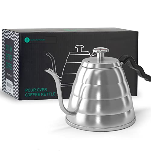 Book Cover Coffee Gator Gooseneck Kettle with Thermometer - 34 oz Stainless Steel, Stove Top, Premium Pour Over Kettle for Tea and Coffee w/ Precision Drip Spout