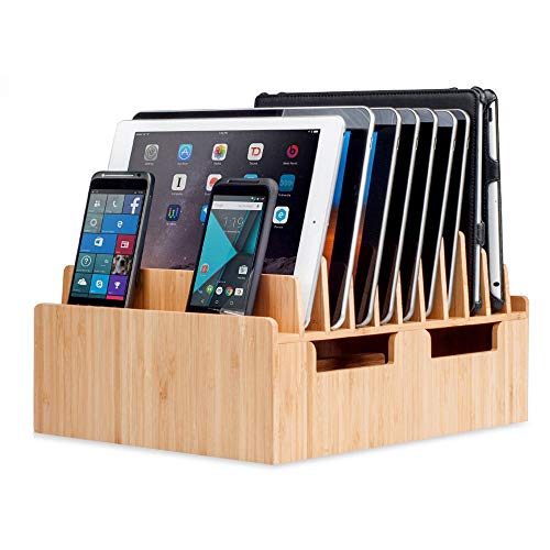 Book Cover MobileVision Bamboo 10-Port Charging Station & Docking Organizer for Smartphones & Tablets, Family-Sized, for use in Corporate Offices & Classrooms