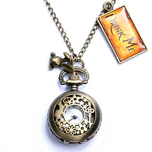 Book Cover Onwon Vintage Drink Me Pocket Watch Necklace Quartz Watch Alice in Wonderland Rabbit, 1 Count (Pack of 1), Art