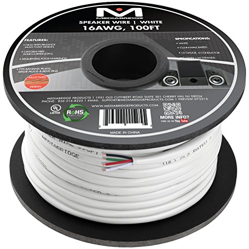 Book Cover Mediabridge 16AWG 4-Conductor Speaker Wire (100 Feet, White) - 99.9% Oxygen Free Copper - CL2 for In-Wall (SW-16X4-100-WH)