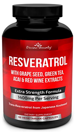 Book Cover Divine Bounty Resveratrol Supplement - 1400Mg Extra Strength Formula With Grape Seed Extract, Green Tea Extract, Red Wine Extract- 60 Veggie Capsules - Made In Usa