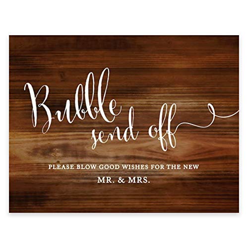 Book Cover Andaz Press Wedding Party Signs, Rustic Wood Print, 8.5x11 inch, Bubble Send Off Please Blow Good Wishes for the New Mr. & Mrs. Sign, 1 Pack, Favors Bubbles Blow Good Wishes