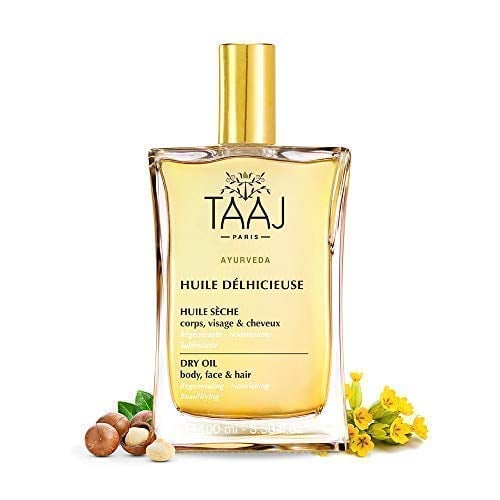 Book Cover Delicious Dry Oil for Body, Skin, Face & Hair - For All Skin Types - All Natural Organic Blend Oil - Contains Primrose, Macadamia Oil for Men and Women. 3.38oz