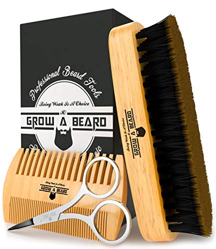 Book Cover Beard Brush & Comb Set for Men's Care | Christmas Giveaway Mustache Scissors | Gift Box & Travel Bag | Best Bamboo Grooming Kit to Distribute Balm or Oil for Growth & Styling | Adds Shine & Softness