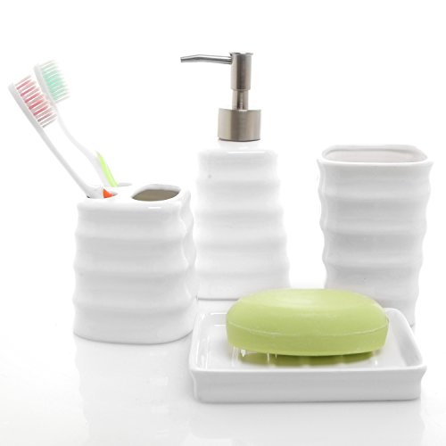 Book Cover MyGift Ceramic White Bathroom Accessory Set with Ribbed Design, Includes Toothbrush Holder, Tumbler, Soap Dish and Dispenser