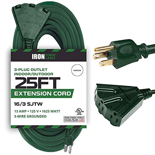 Book Cover 25 Foot Outdoor Extension Cord with 3 Electrical Power Outlets - 16/3 SJTW Durable Green Extension Cable with 3 Prong Grounded Plug for Safety