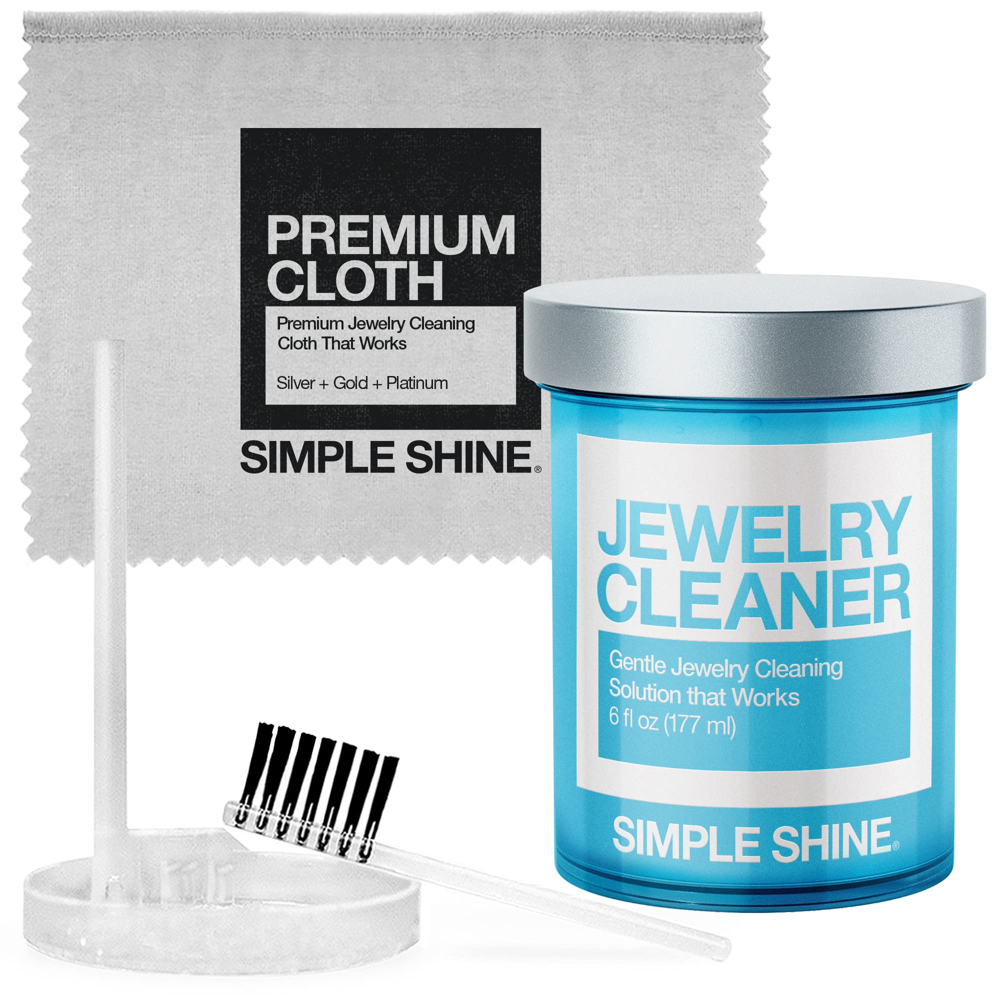 Book Cover Complete Jewelry Cleaning Kit Polishing w/Cloth, Brush and Jewelry Cleaner Solution for all Jewelry. Gold, Silver, Diamond Ring Cleaner, Earring, Fine & Fashion Cleaning Made in the USA Gentle Jewelry Kit