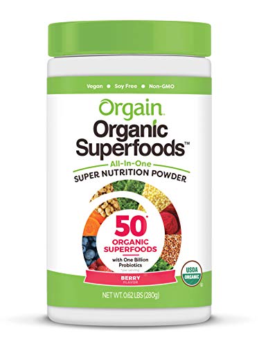 Book Cover Orgain Organic Green Superfoods Powder, Berry - Antioxidants, 1 Billion Probiotics, Vegan, Dairy Free, Gluten Free, Kosher, Non-GMO, 0.62 Pound (Packaging May Vary)