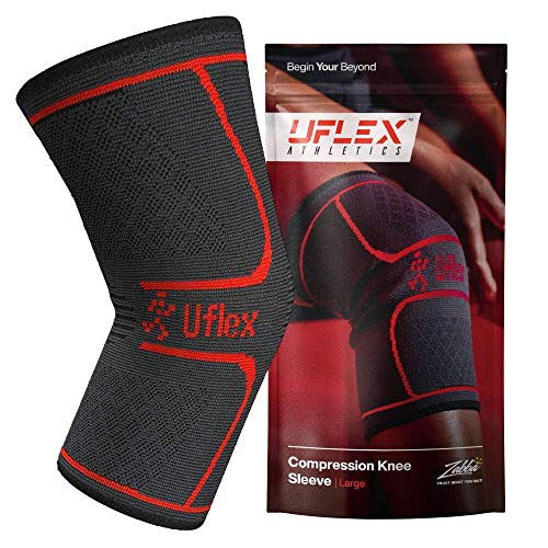Book Cover UFlex Knee Compression Sleeve Support for Women and Men - Non Slip Knee Brace for Pain Relief, Fitness, Weightlifting, Hiking, Sports - Red, Medium