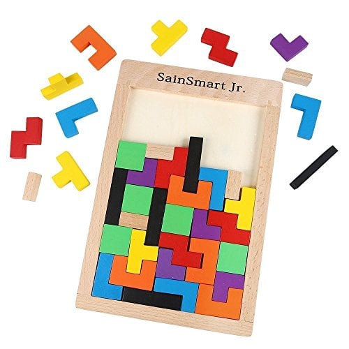 Book Cover SainSmart Jr. Wooden Tetris Puzzle 40 Pcs Brain Teasers Toy for Kids, Wood Puzzle Box Brain Games Wood Burr Tangram Jigsaw Toy Children Days