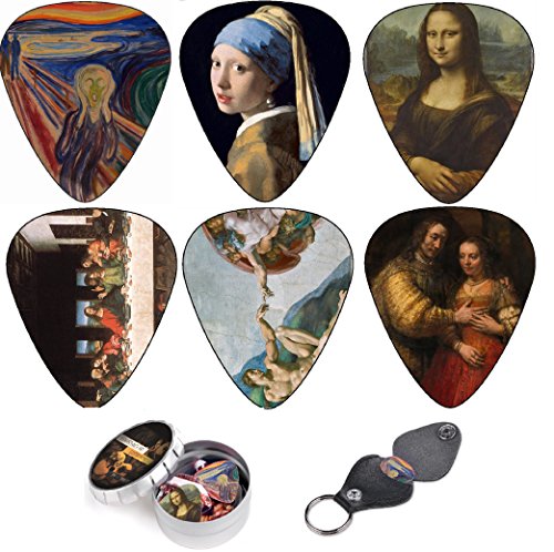 Book Cover Guitar Picks, Cool Renaissance Art Medium 12 Pack Celluloid, Leather Keychain Pick Holder Included, Premium Gift Set For Every Artist & Guitar Player. A Most Original Christmas Gift.