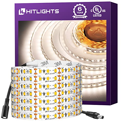 Book Cover HitLights White LED Strip Lights 4000K,16.4ft High Density 12V Tape Light, UL Listed, 600 LEDs, CRI>90, 300Lm/ft, Flexible Dimmable Rope Lights for Bedroom, Kitchen, Cabinet(Power Source Not Included)