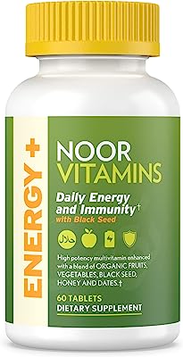 Book Cover Noor Vitamins Energy+ Multivitamin; Halal Vitamin for Energy Production & Immunity, 26 Vitamins & Minerals, Black Seed, Dates, Honey, for Men & Women. Gelatin Free, 2 Month Supply