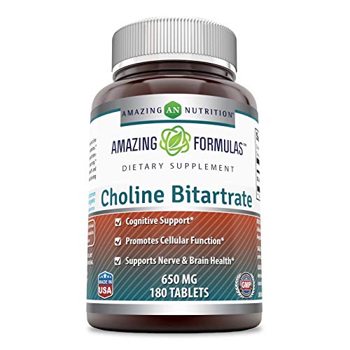 Book Cover Amazing Formulas Choline Bitartrate - 650 MG, 180 Tablets (Non-GMO, Gluten Free) â€“ Supports Nerve & Brain Health - Promotes Cellular Function - Cognitive Support