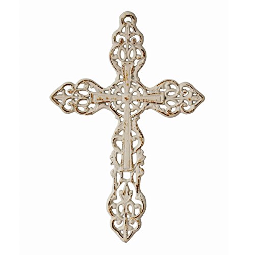 Book Cover Stonebriar Distressed Cast Iron Wall Cross with Hanging Loop, Celtic Inspired Design, Religious Decoration for The Living, Bedroom, Nursery, or Any Room in Your Home, Worn White