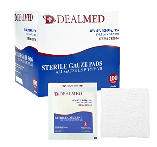 Book Cover Dealmed 4â€™â€™ x 4â€™â€™ Sterile Gauze Pads, Individually Wrapped for Wound Dressing, Absorbent Gauze Sponge Pads for First Aid, Home Kits, and Wound Care, 100 Count (Pack of 1)