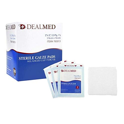 Book Cover Dealmed 3â€™â€™ x 3â€™â€™ Sterile Gauze Pads, Individually Wrapped for Wound Dressing, Absorbent Gauze Sponge Pads for First Aid, Home Kits, and Wound Care, 100 Count (Pack of 1)