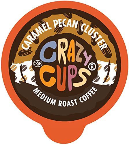 Book Cover Crazy Cups Single Serve Flavored Hot or Iced Medium Roast Coffee for Keurig K Cups Machines in Recyclable Pods, Caramel Pecan Cluster, 22 Count