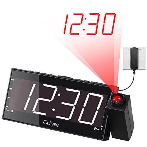 Book Cover OnLyee 7â€ Digital LED Projection Alarm Clock with FM Radio, Dimmer, USB Charging Port,Battery Backup for Bedroom, Desk, Shelf, Kitchen, Kids, Wall, Ceiling