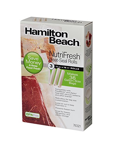 Book Cover Hamilton Beach Vacuum Sealer, (3-Pack) 11 in x 16 ft Rolls for NutriFresh, FoodSaver & Other Heat-Seal Systems (78321)