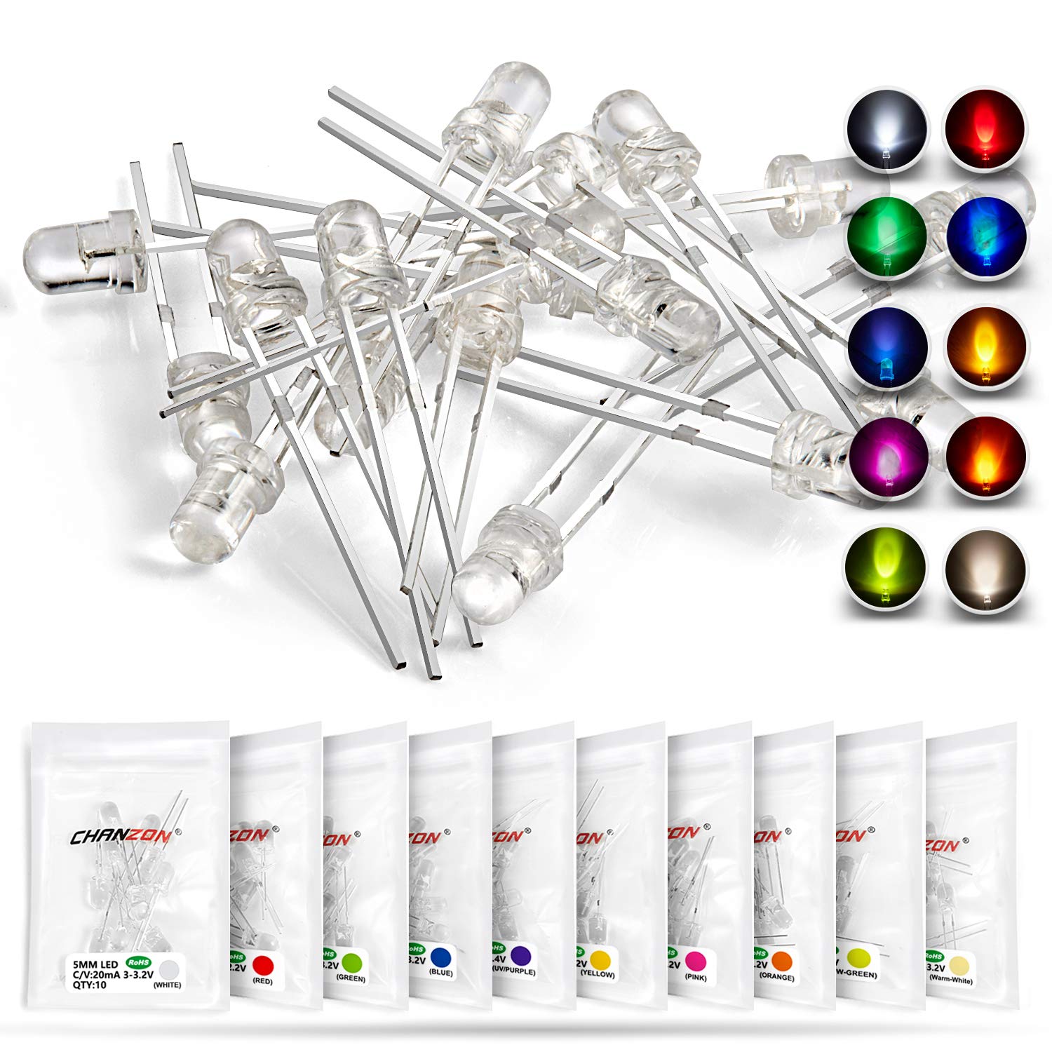 Book Cover Chanzon 100pcs (10 Colors x 10pcs) 3mm LED Diode Lights Assortment (Clear Transparent Lens) Emitting Lighting Bulb Lamp Assorted Kit Variety Colour Warm White Red Yellow Green Blue Orange UV Pink A) 10 Colors X 10pcs = 100pcs