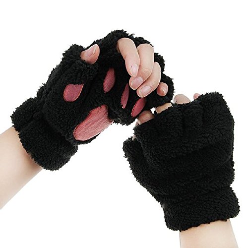 Book Cover Himine Cat Claw Bear Paw Fingerless Winter Plush Gloves 1Pair (Black)
