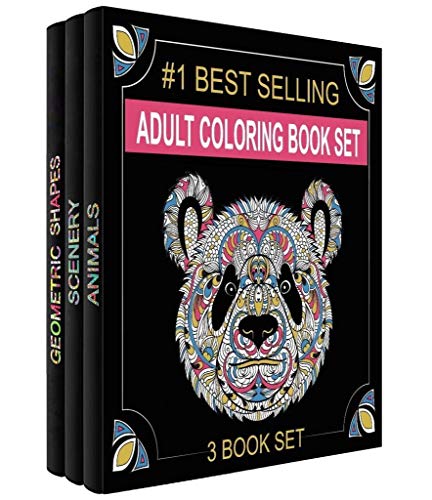 Book Cover Adult Coloring Books Set - 3 Coloring Books for Grownups - 120 Unique Animals, Scenery & Mandalas Designs. Coloring Books for Adults Relaxation.