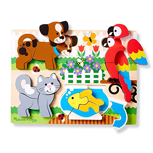Book Cover Melissa & Doug Pets Wooden Chunky Jigsaw Puzzle - Dog, Cat, Bird, and Fish (20 pcs)