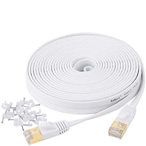 Book Cover Cat 7 Ethernet Cable 25 ft Shielded - Solid Flat Internet Network Computer Patch Cord, Faster Than Cat5e/Cat5/cat6 Network, Slim Cat7 High Speed LAN Wire with Rj45 Connectors for Router, Modem â€“ White