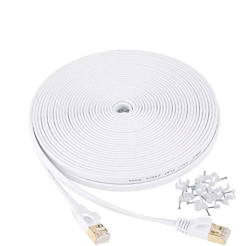Book Cover 7 Ethernet Cable 50 ft White - Flat Internet Cable -Shielded (STP) Computer Cable With Snagless Rj45 Connectors - 50 feet White (15 Meters)