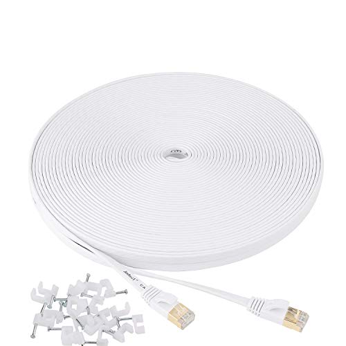 Book Cover Cat7 Ethernet Cable Flat with clips, jadaol Ethernet Patch Cable with Snagless Shielded (STP) Rj45 Connectors - 100 Feet White (30meters)