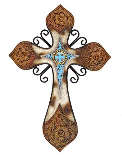 Book Cover Cowhide Tooled Leather Cross with Turquoise Layer in Resin and Metal Combination