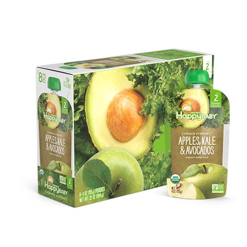 Book Cover Happy Baby Organic Clearly Crafted Stage 2 Baby Food Apples, Kale & Avocados, 4 Ounce Pouch (Pack of 16)