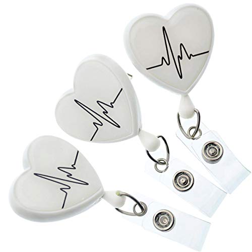 Book Cover Specialist ID - 3 Pack of Heart Shaped EKG Cardiac Badge Reels with Alligator Swivel Clip on Back - Premium Retractable Badge Lanyard Badge Holders for Nurses and More (White)