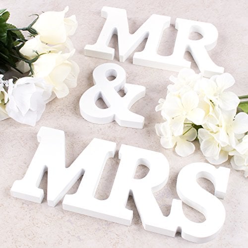Book Cover Super Z Outlet White Wooden Mr and Mrs Signs Wedding Present for Party Table Top Dinner Decoration, Display Stand Figures, Home Wall
