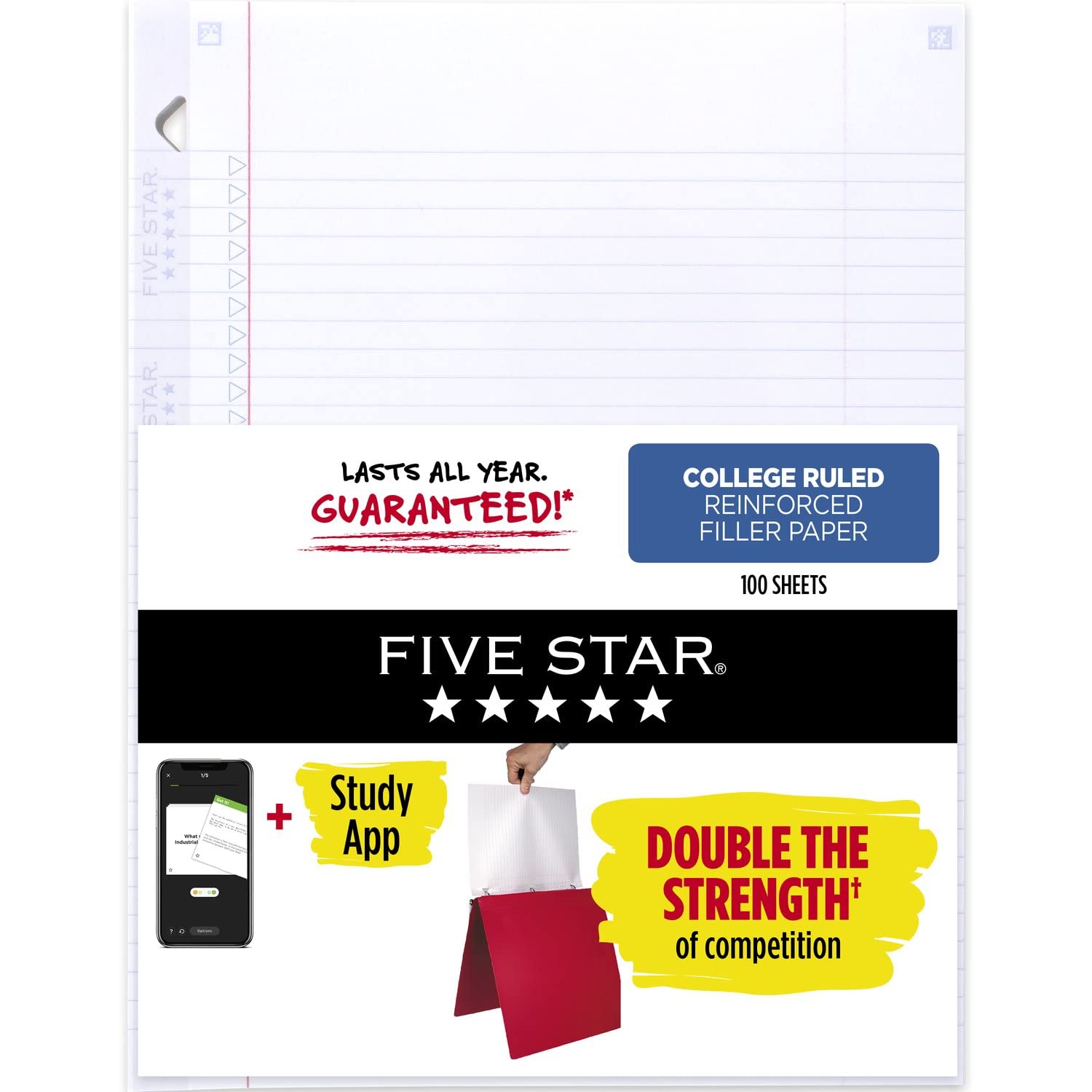 Book Cover Five Star Loose Leaf Paper + Study App, 1 Pack, 3 Hole Punched, Reinforced Filler Paper, College Ruled Paper, 11