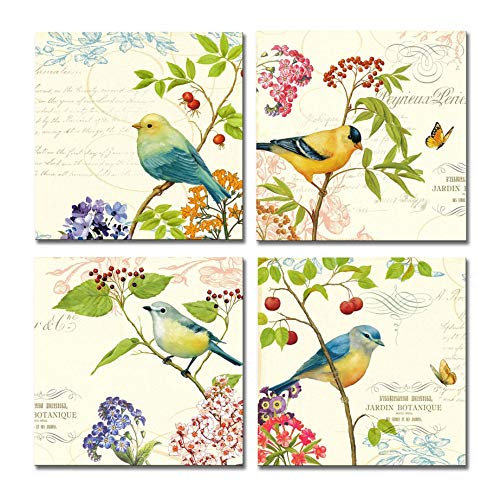 Book Cover SpecialArt HIGH-END Frame Wall Art - 4pcs Birds on The Trees of Bloom and Butterfly Pictures Print on Canvas Painting Stretched and Framed for Wall Decor 12 x 12 inch x 4