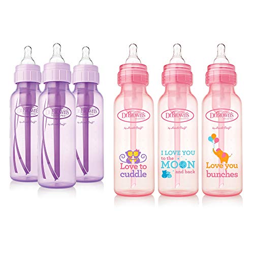 Book Cover Dr. Brown's Baby Bottles Girls 6 Pack - 3 (8 oz) Lavender and 3 (8 oz) Pink bottles with new print