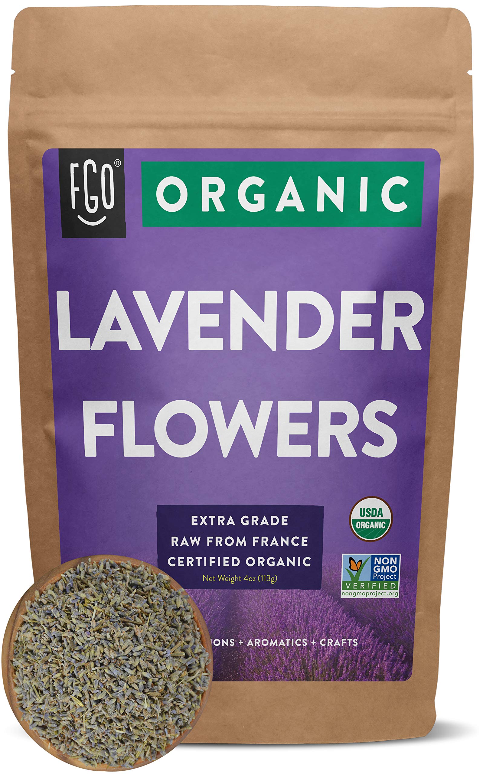 Book Cover Organic Lavender Flowers Dried | Perfect for Tea, Baking, Lemonade, DIY Beauty, Sachets & Fresh Fragrance | 100% Raw From France | Large 4oz Resealable Kraft Bag | by FGO 4 Ounce (Pack of 1)