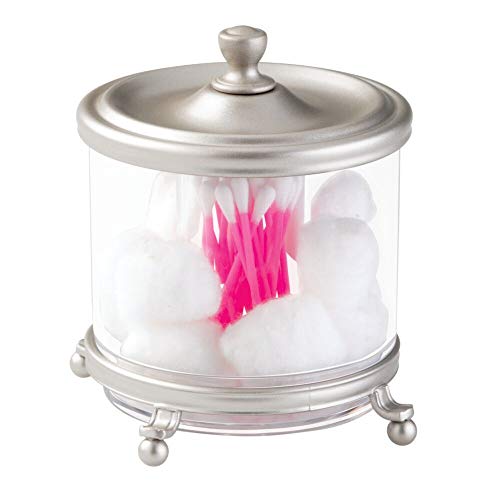 Book Cover mDesign Round Bathroom Vanity Countertop Divided Storage Canister Plastic Jar with Metal Lid for Cotton Swabs, Rounds, Balls, Makeup Sponges, Blenders, Bath Salts - Clear/Satin