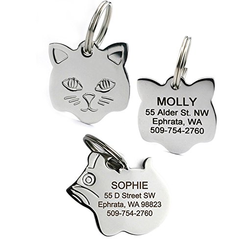 Book Cover GoTags Stainless Steel Cat ID Tags, Available in Mouse and Cat Shapes, Includes up to 4 Lines of Custom Engraved Personalized Text, (Cat Shape)