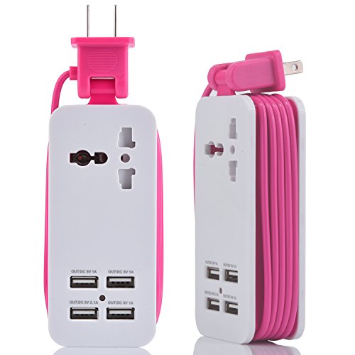 Book Cover USB Power Strip, Portable Travel Charger Outlets 2.1AMP+1AMP 21W 1.5M/5ft Power Supply Cord with Universal Plug Wide Range Input 100v-240v Power Sockets USB Charger Station 4 Port USB Charger (Pink)