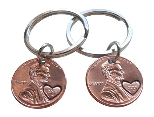 Book Cover Double Keychain Set 2001 Penny Keychains With Heart Around Year; 18 year Anniversary Gift, Engraved Couples Keychain