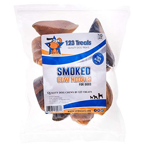 Book Cover 123 Treats - Smoked Flavored Cow Hooves (10 Count) 100% Natural Dog Dental Treats | Dog Beef Chew Hoof from