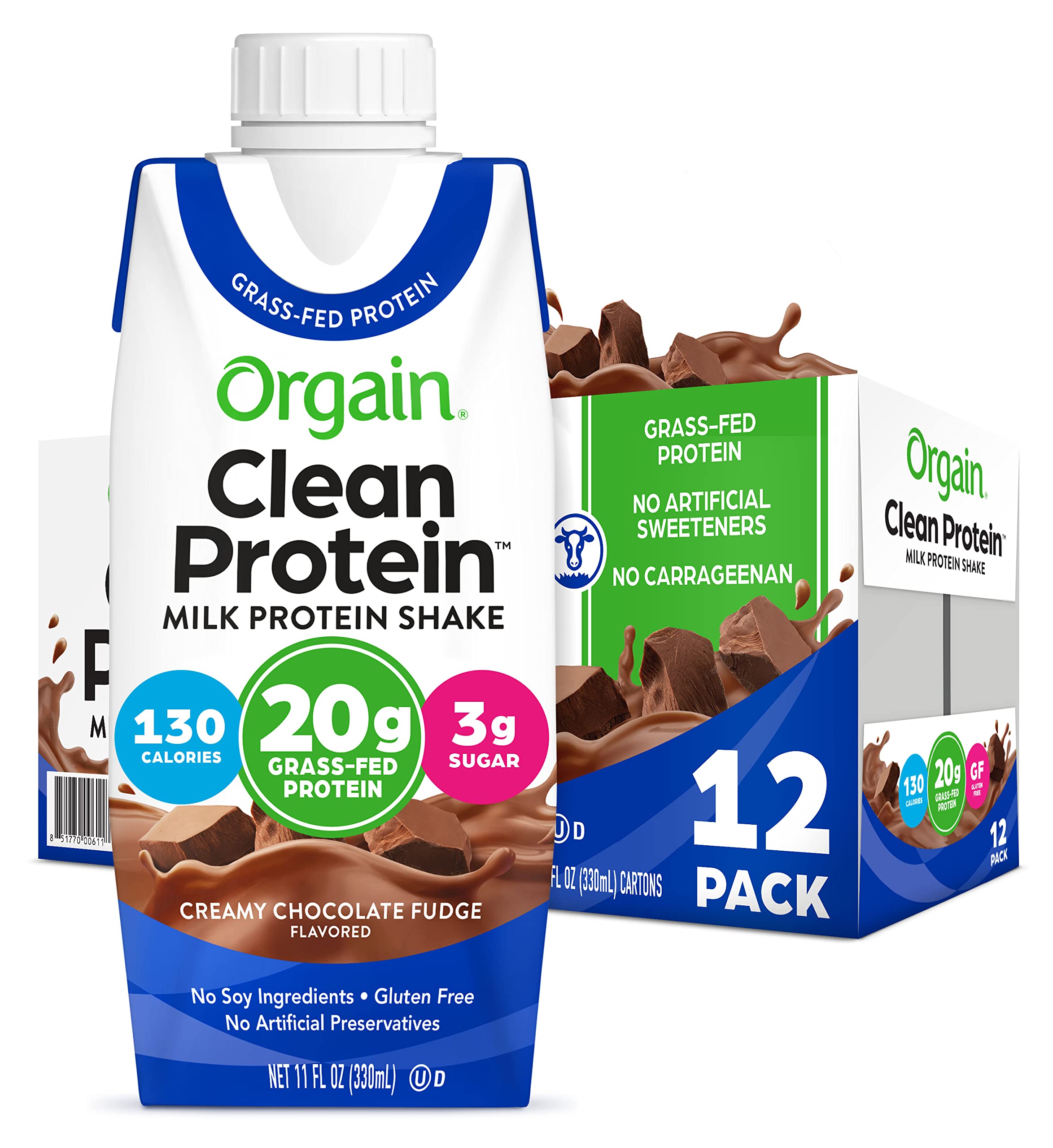 Book Cover Orgain Clean Protein Shake, Grass Fed Dairy, Creamy Chocolate Fudge - 20g Whey Protein, Meal Replacement, Ready to Drink, Gluten Free, Soy Free, Kosher, 11 Fl Oz (Pack of 12) (Packaging May Vary) Chocolate 11 Fl Oz (Pack of 12)