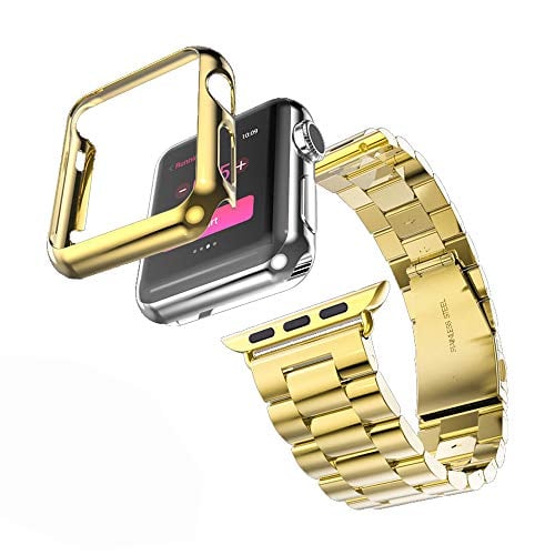 Book Cover HUANLONG Compatible with Apple Watch Band, Solid Stainless Steel Metal Strap Band w/Adapter+Case Cover for Apple Watch iWatch 38mm (H Gold 38mm)